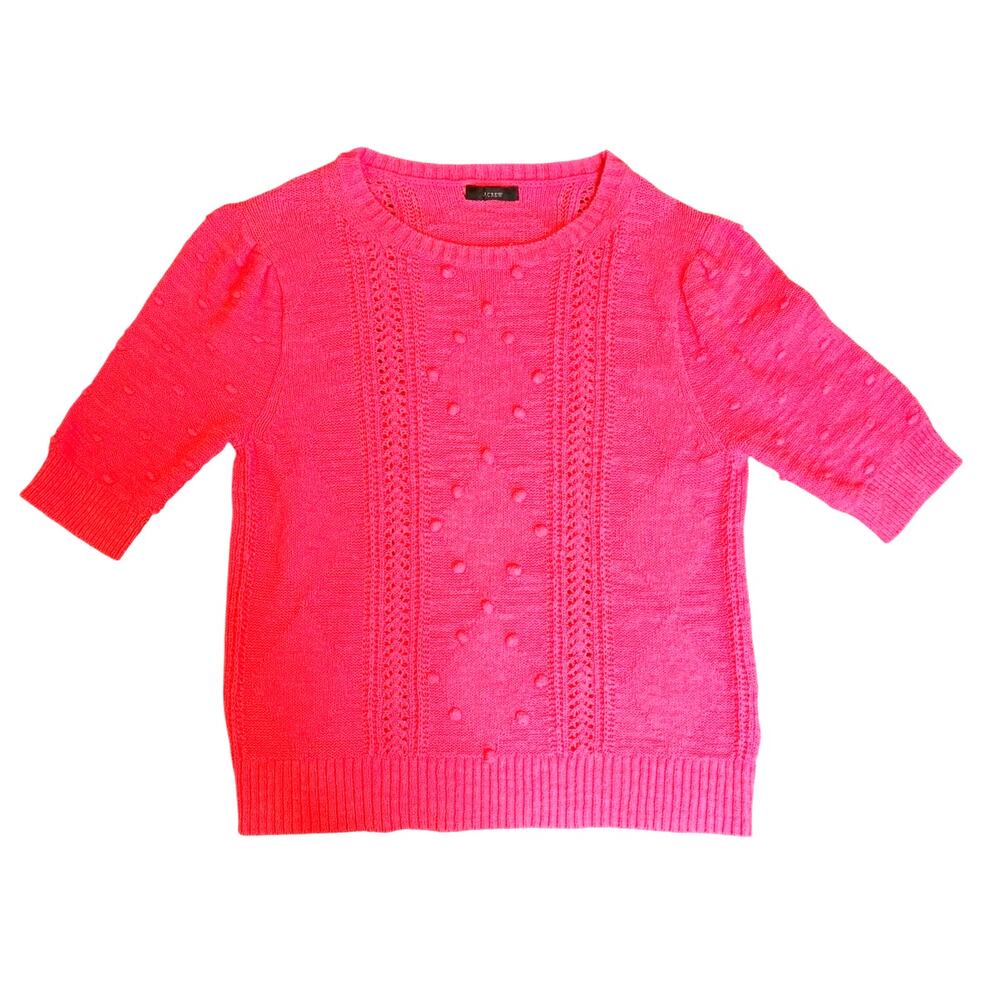 J. CREW Women's Short Sleeve Pointelle Sweater LARGE Pink Bobble Pom Open Knit